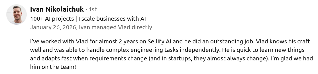 LinkedIn recommendation from Ivan Nikolaichuk